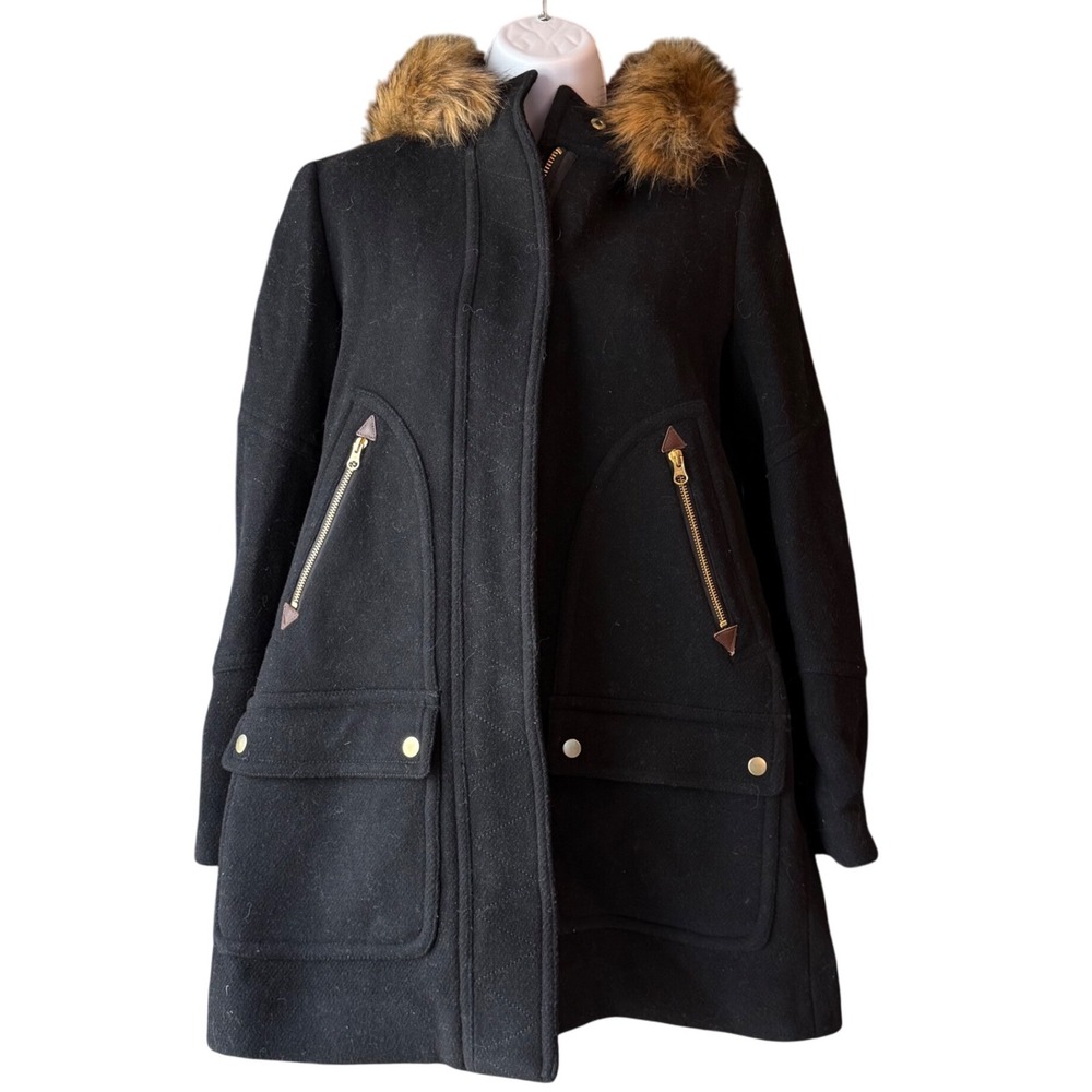 J.Crew Stadium Cloth Nello Gori Wool Blend Hooded Faux Fur Trim Coat Size 4